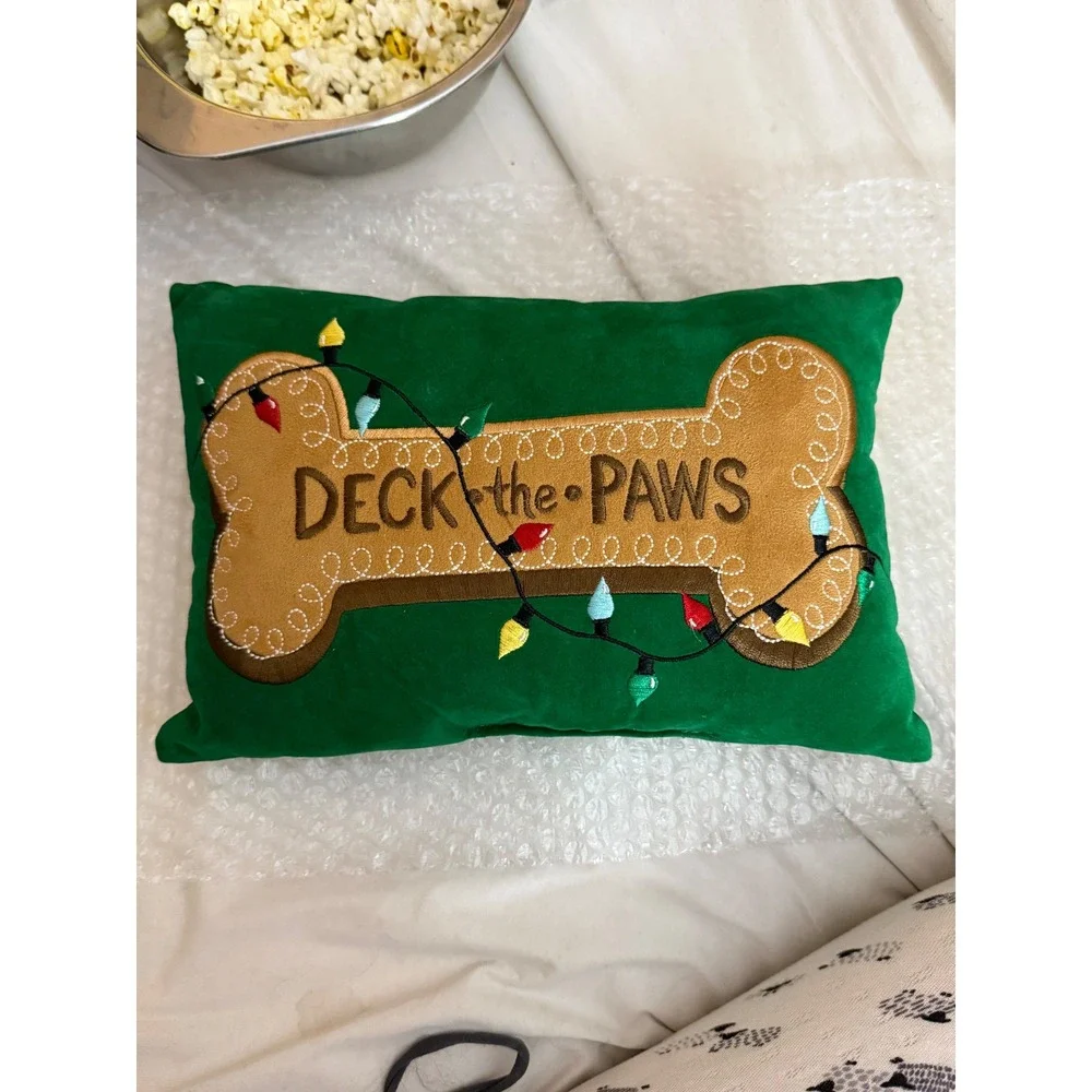 Deck the Paws Christmas Dog Bone Lumbar Pillow Green Velvet Festive Decor 12x8